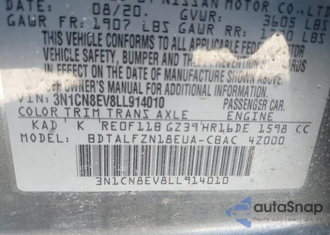 2020 Nissan Versa Sv Xtronic Cvt z USA, uszkodzony, nr VIN 3N1CN8EV8LL914010